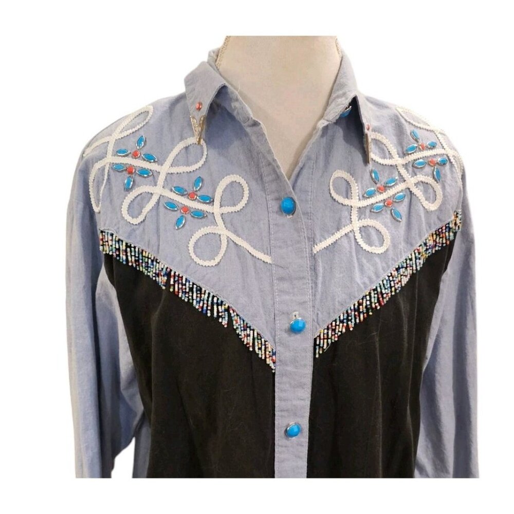 Womens Chambray Western Button Up Shirt Longsleeve Fringe Beaded Rodeo‎ 90s Sz M